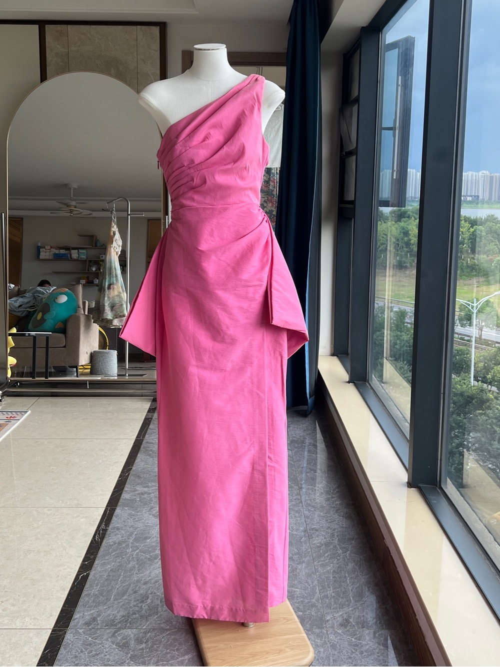 Rachel Gilbert Marco One-Shoulder Bow High Slit Gown Pink AU1 / US4 NWOT